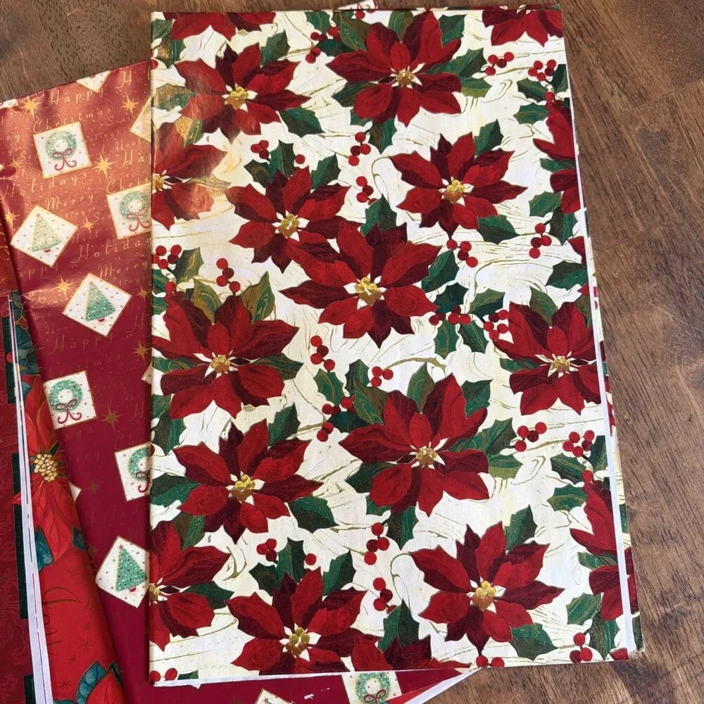 5 Sheets Christmas Wrapping Paper Poinsettia Wreath Holiday Tree Gift Wrap